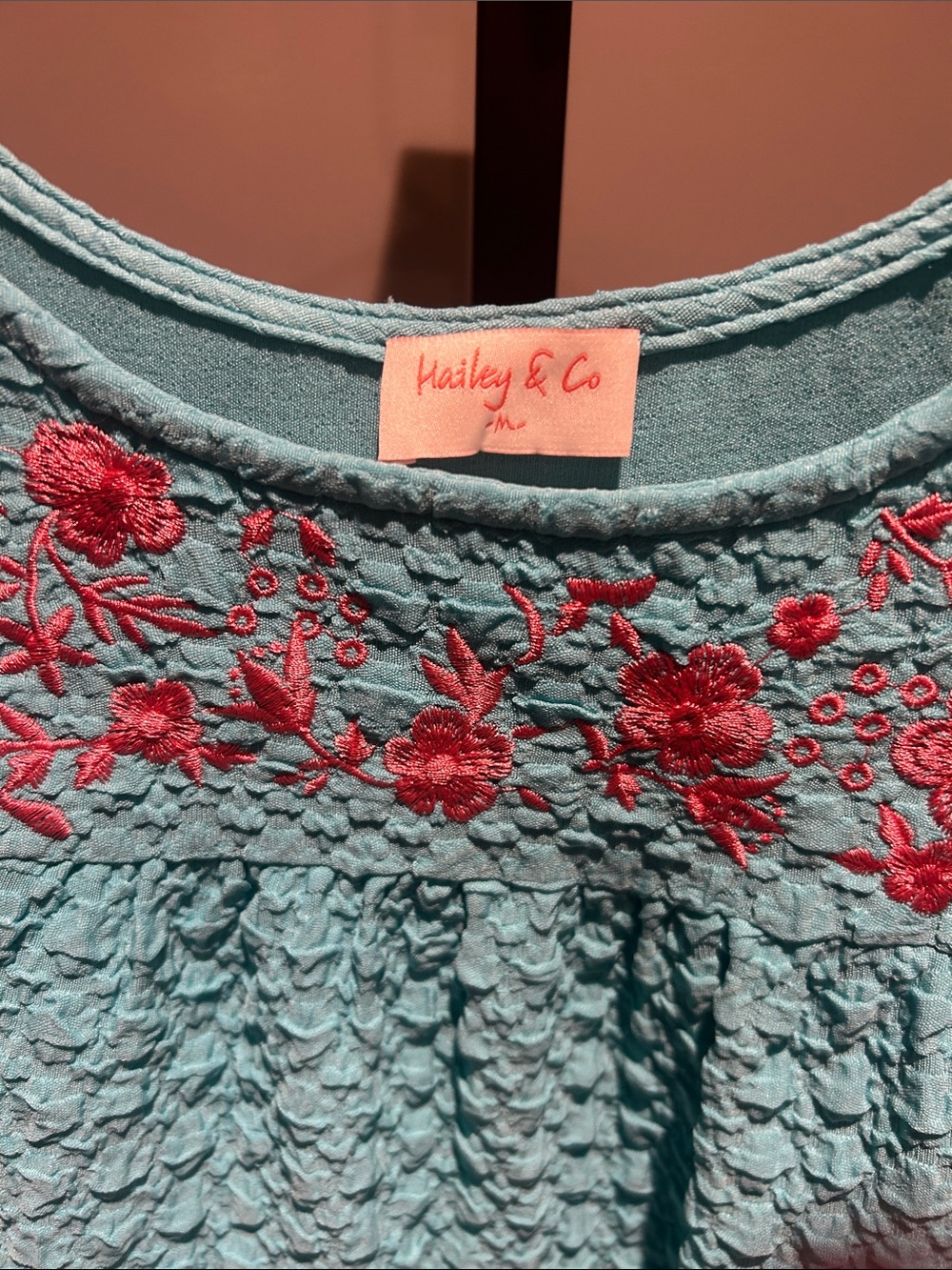 Hailey and Co Textured Embroidered Aqua Cotton Dress with Pink Floral Detail - Picture 2 of 4